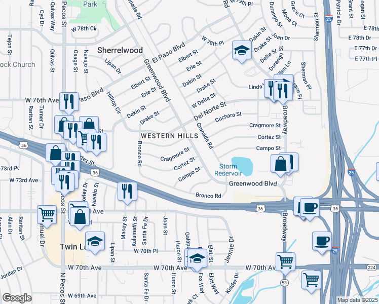 map of restaurants, bars, coffee shops, grocery stores, and more near 700 Cragmore Street in Denver