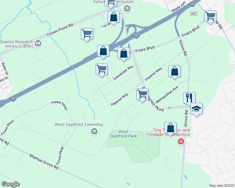 map of restaurants, bars, coffee shops, grocery stores, and more near 1550 Imperial Way in Paulsboro