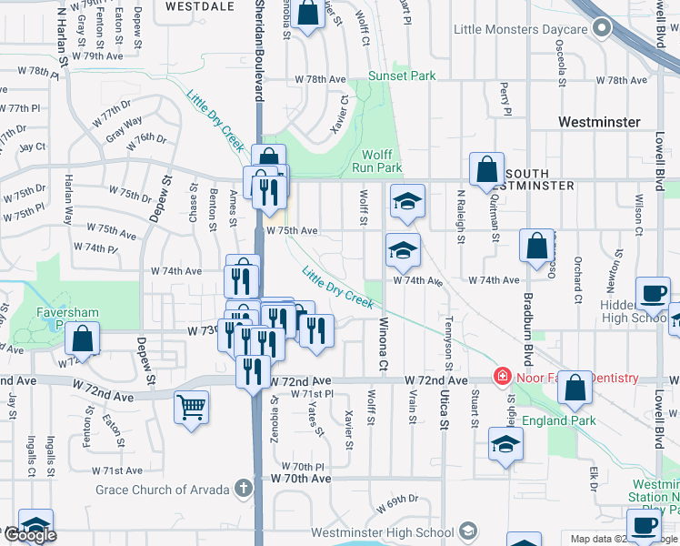 map of restaurants, bars, coffee shops, grocery stores, and more near 7421 Xavier Street in Westminster