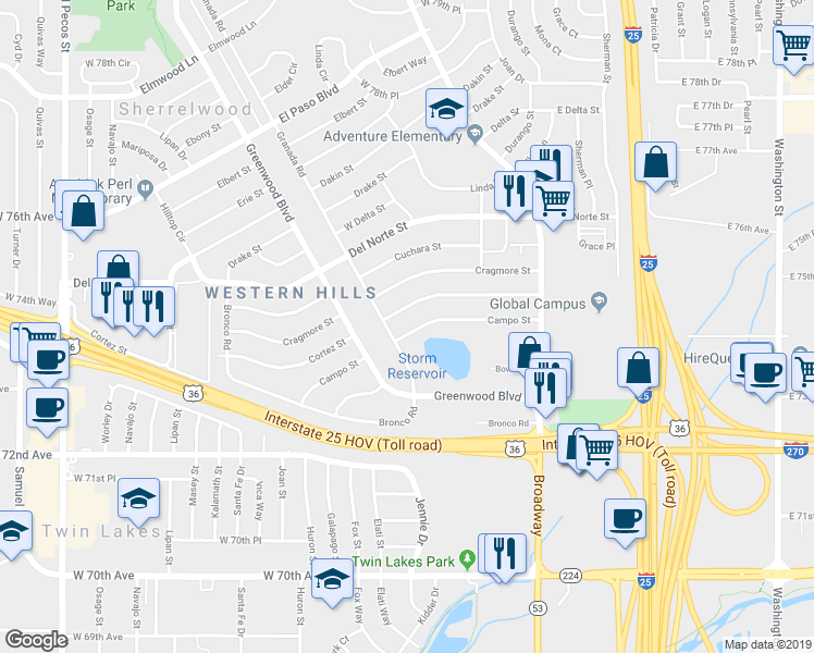 map of restaurants, bars, coffee shops, grocery stores, and more near 461 Campo Street in Denver