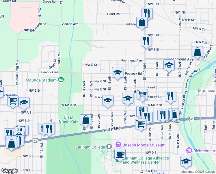 map of restaurants, bars, coffee shops, grocery stores, and more near 200 Northwest 8th Street in Richmond