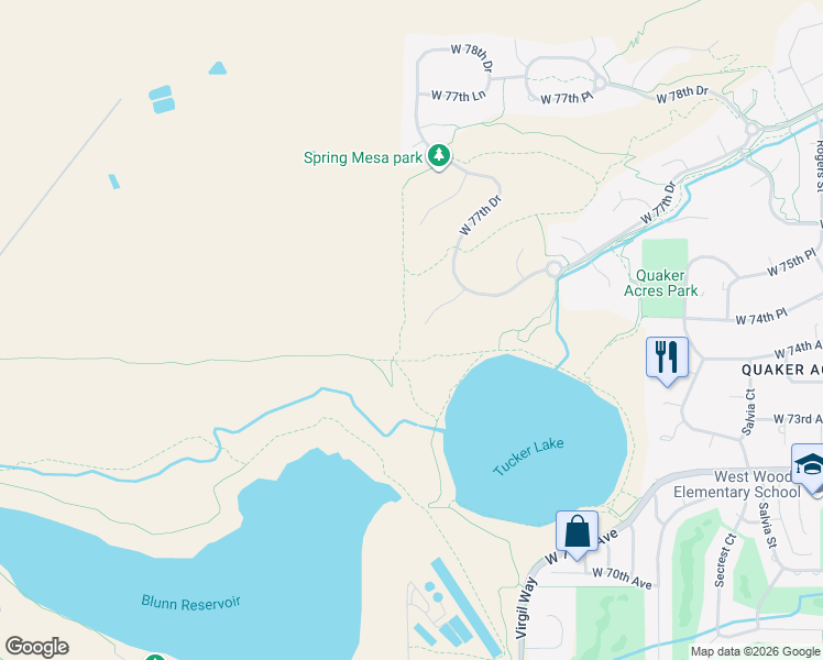 map of restaurants, bars, coffee shops, grocery stores, and more near 7610 Windy Court in Arvada