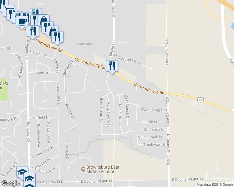 map of restaurants, bars, coffee shops, grocery stores, and more near 117 Clear Branch Drive in Brownsburg