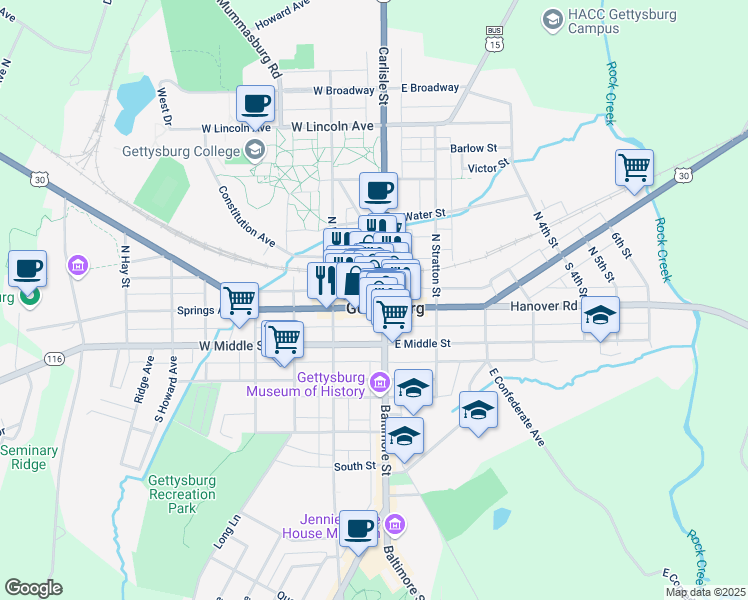 map of restaurants, bars, coffee shops, grocery stores, and more near 17 Lincoln Square in Gettysburg
