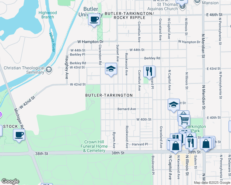 map of restaurants, bars, coffee shops, grocery stores, and more near 4115 Byram Avenue in Indianapolis
