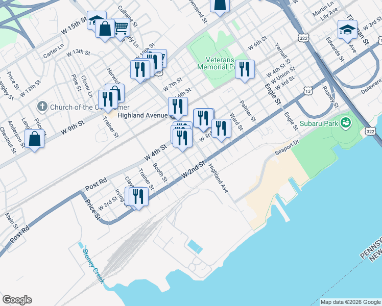 map of restaurants, bars, coffee shops, grocery stores, and more near 2831 West 3rd Street in Chester