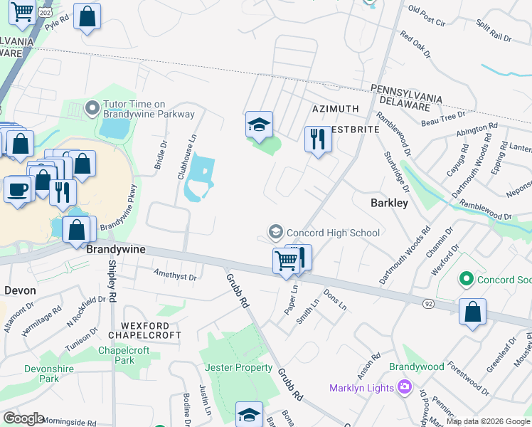 map of restaurants, bars, coffee shops, grocery stores, and more near 2501 Ebright Road in Wilmington