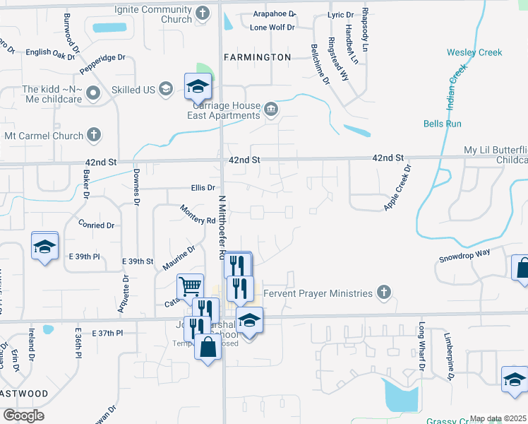 map of restaurants, bars, coffee shops, grocery stores, and more near 10101 Montery Road in Indianapolis