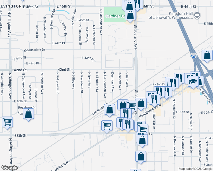 map of restaurants, bars, coffee shops, grocery stores, and more near 4043 North Edmondson Avenue in Indianapolis