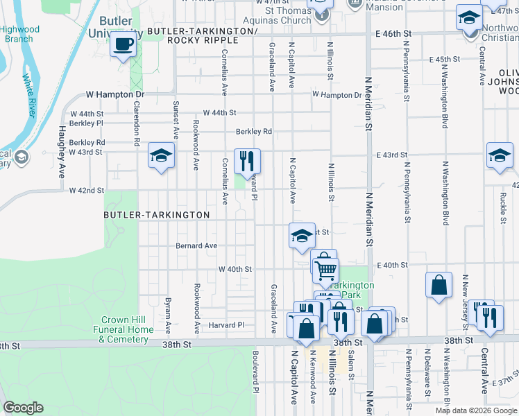 map of restaurants, bars, coffee shops, grocery stores, and more near 4122 Graceland Avenue in Indianapolis