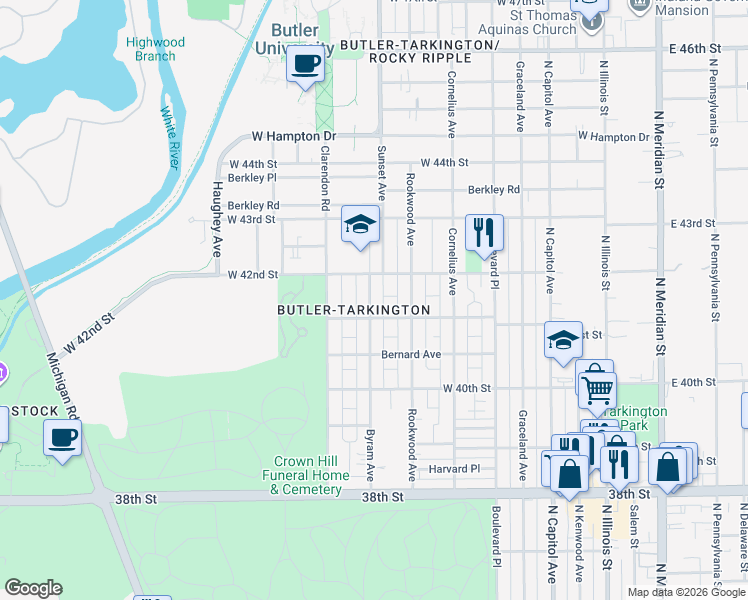 map of restaurants, bars, coffee shops, grocery stores, and more near 4115 Byram Avenue in Indianapolis