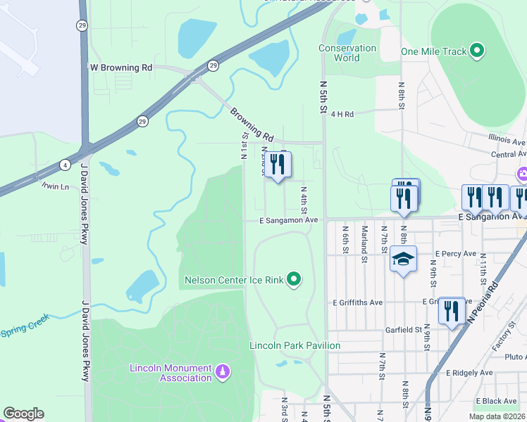 map of restaurants, bars, coffee shops, grocery stores, and more near 127 East Sangamon Avenue in Springfield