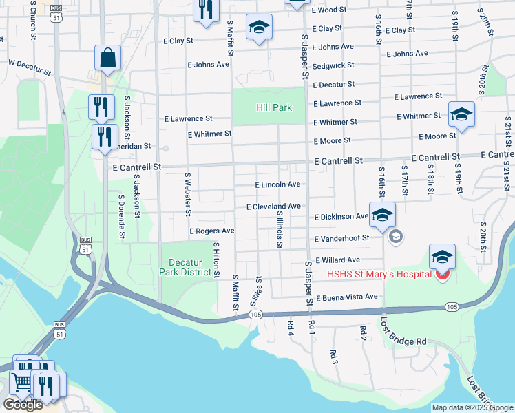 map of restaurants, bars, coffee shops, grocery stores, and more near 1001 East Cleveland Avenue in Decatur