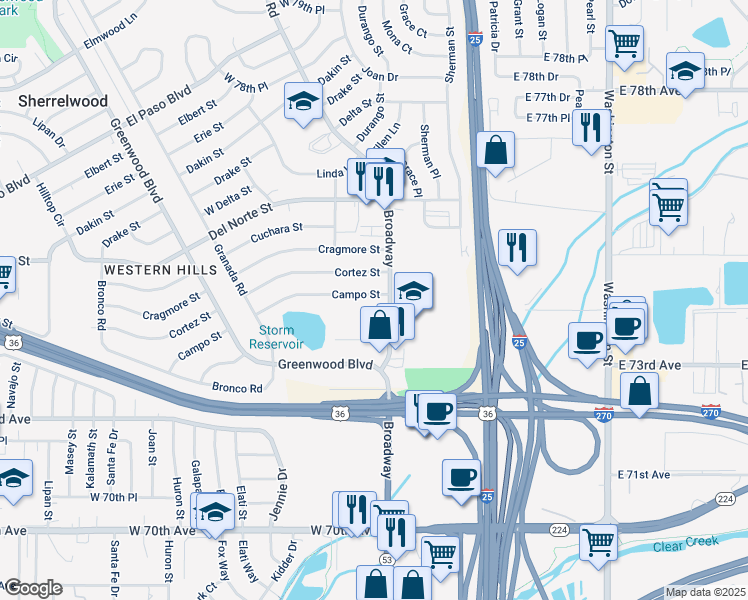 map of restaurants, bars, coffee shops, grocery stores, and more near 60 Campo Street in Denver