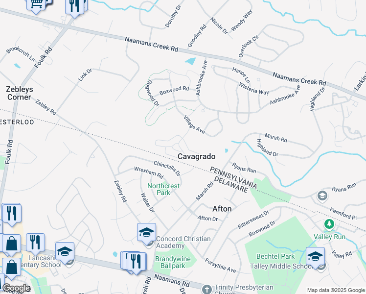 map of restaurants, bars, coffee shops, grocery stores, and more near 3201 Poplar Street in Garnet Valley