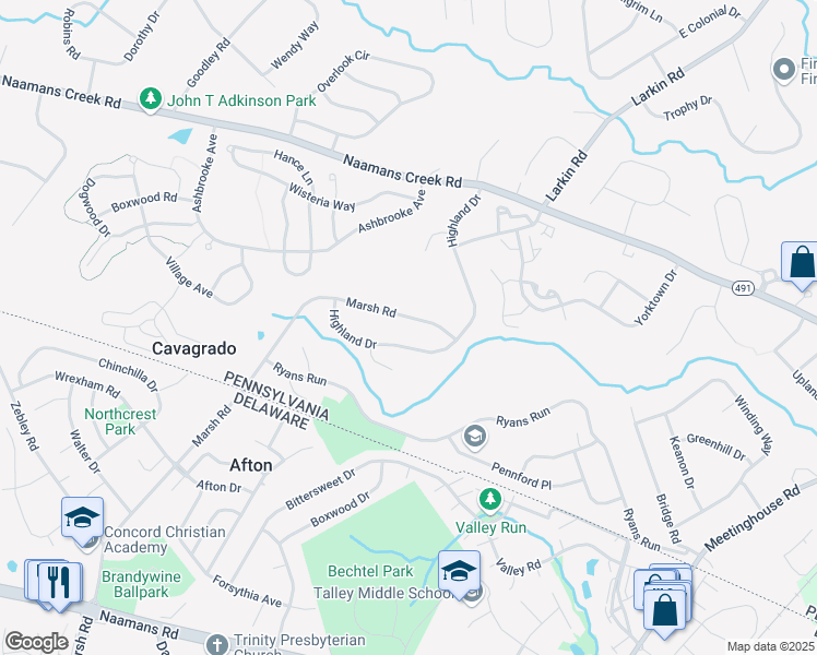 map of restaurants, bars, coffee shops, grocery stores, and more near 3814 Marsh Road in Garnet Valley