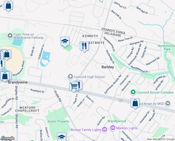 map of restaurants, bars, coffee shops, grocery stores, and more near 2600 Ebright Road in Wilmington