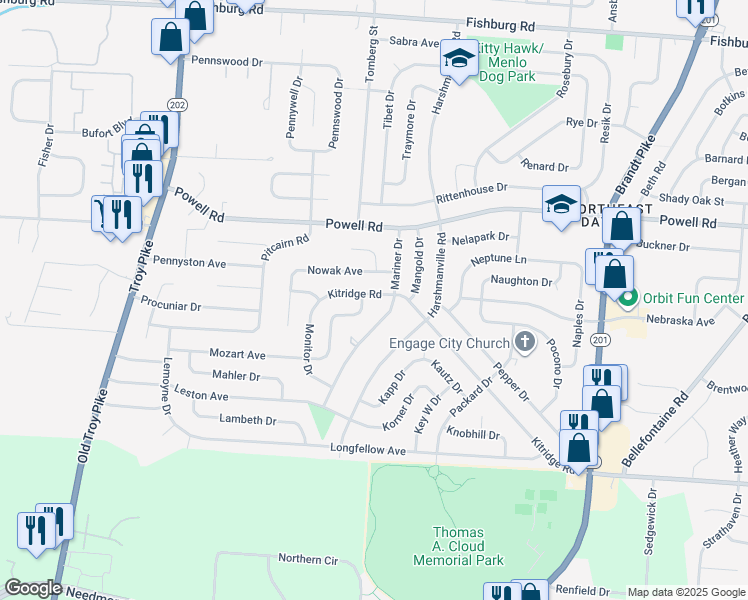 map of restaurants, bars, coffee shops, grocery stores, and more near 4248 Kitridge Road in Dayton