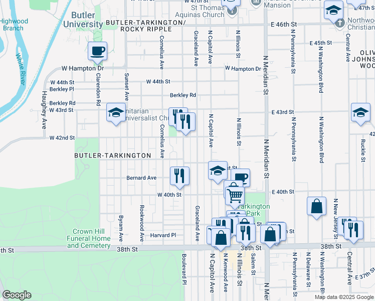 map of restaurants, bars, coffee shops, grocery stores, and more near 4122 Graceland Avenue in Indianapolis