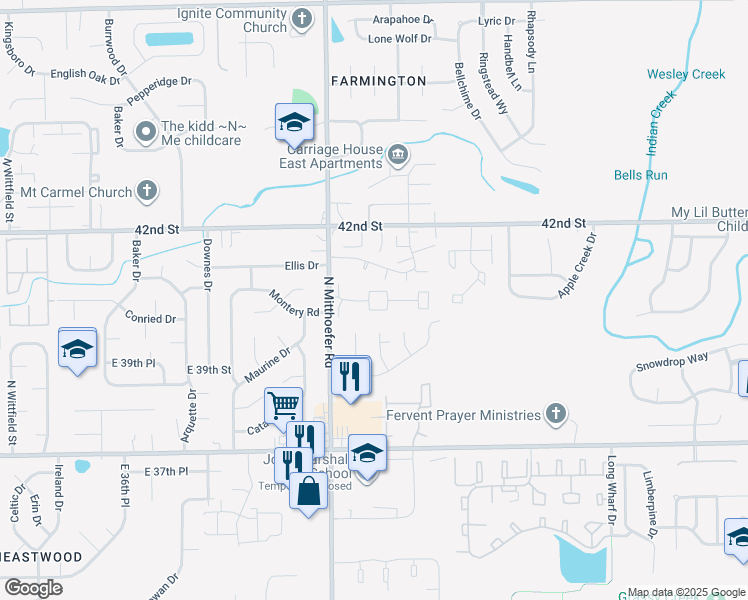map of restaurants, bars, coffee shops, grocery stores, and more near 10101 Montery Road in Indianapolis