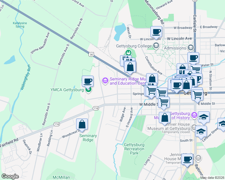 map of restaurants, bars, coffee shops, grocery stores, and more near 321 Springs Avenue in Gettysburg