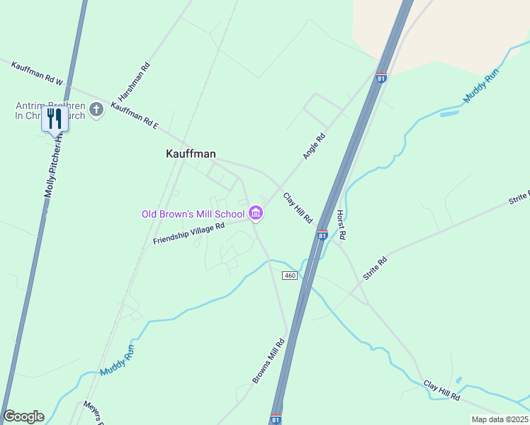 map of restaurants, bars, coffee shops, grocery stores, and more near 7498 Angle Road in Chambersburg