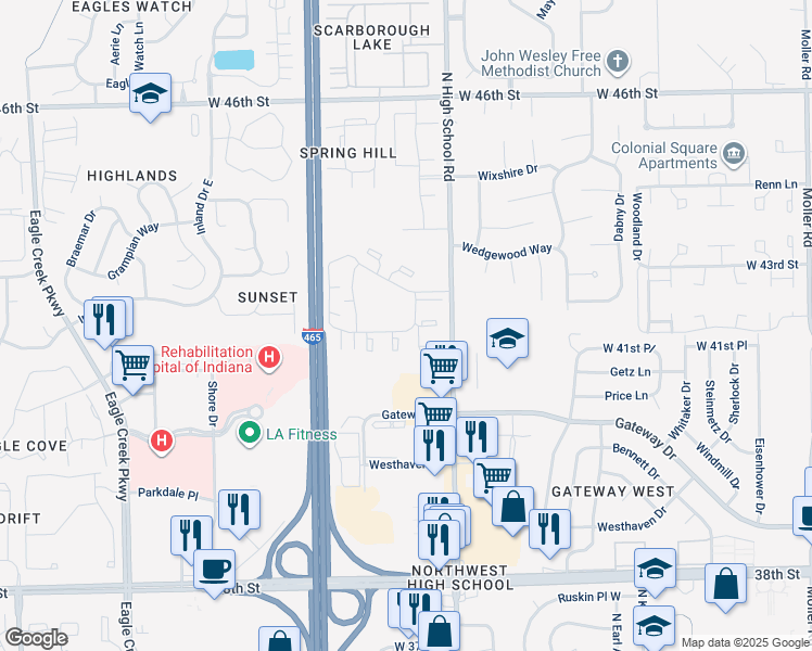 map of restaurants, bars, coffee shops, grocery stores, and more near 6338 Mission Terrace in Indianapolis