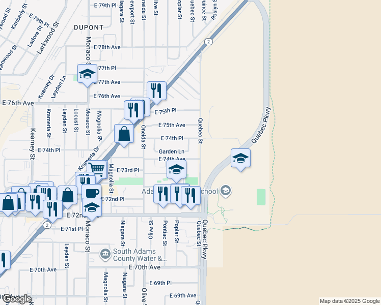 map of restaurants, bars, coffee shops, grocery stores, and more near 7238 Garden Lane in Commerce City