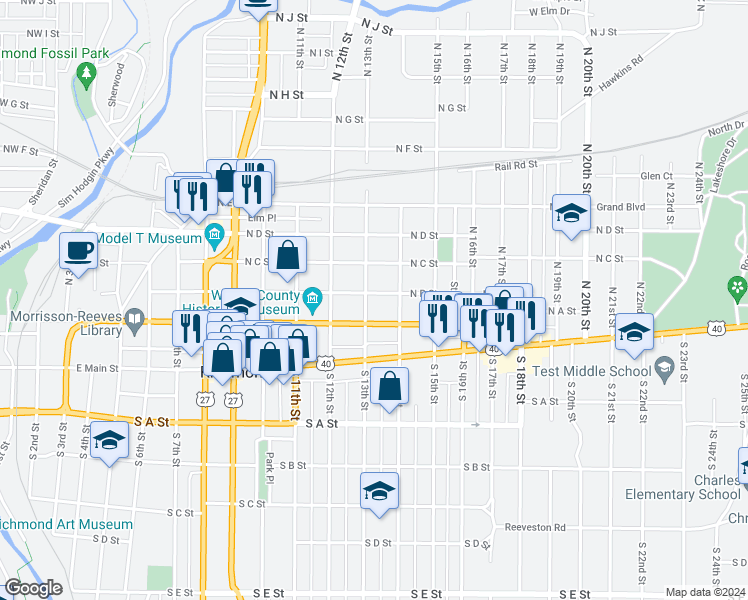 map of restaurants, bars, coffee shops, grocery stores, and more near 110 North 13th Street in Richmond