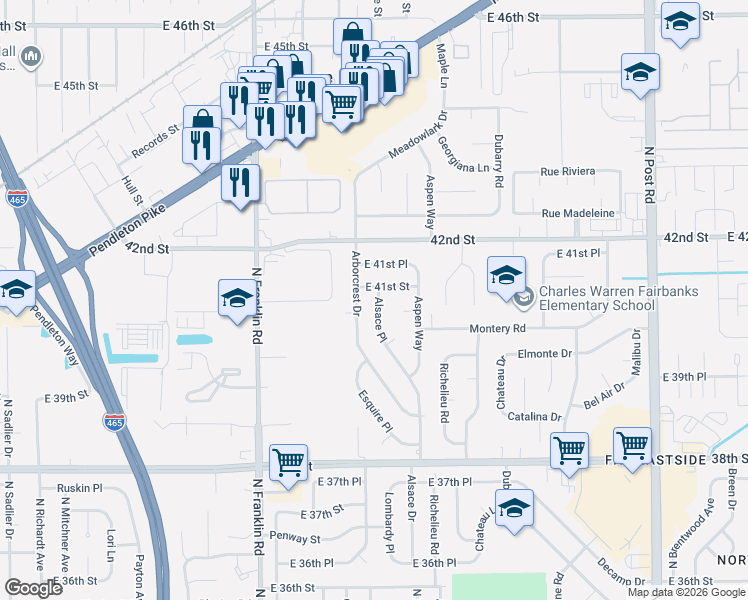 map of restaurants, bars, coffee shops, grocery stores, and more near 4054 Alsace Place in Indianapolis