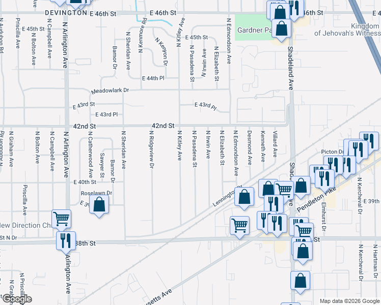 map of restaurants, bars, coffee shops, grocery stores, and more near 4039 North Kitley Avenue in Indianapolis
