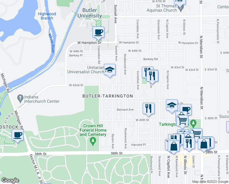 map of restaurants, bars, coffee shops, grocery stores, and more near 4115 Byram Avenue in Indianapolis