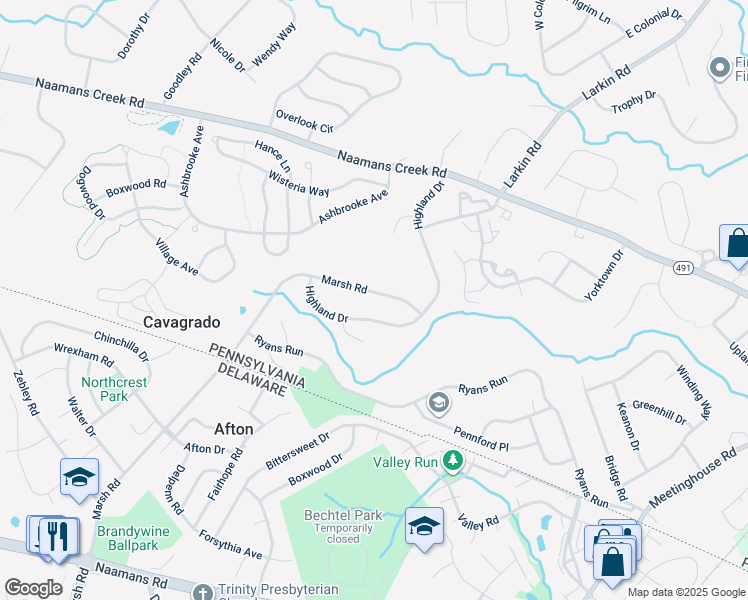 map of restaurants, bars, coffee shops, grocery stores, and more near 3814 Marsh Road in Garnet Valley