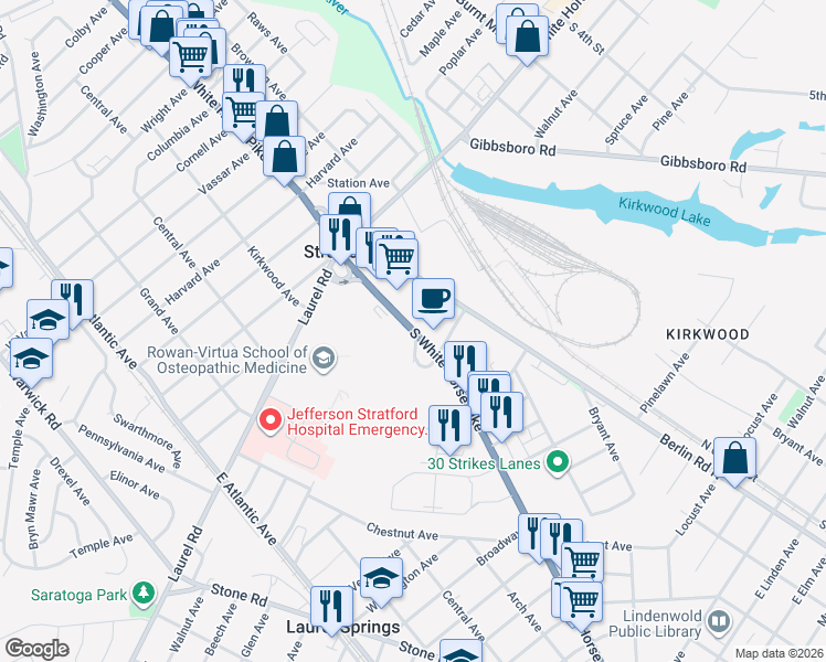 map of restaurants, bars, coffee shops, grocery stores, and more near 56 South White Horse Pike in Stratford