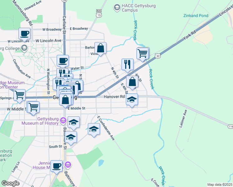 map of restaurants, bars, coffee shops, grocery stores, and more near 124 Hanover Street in Gettysburg