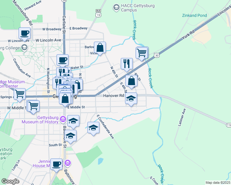 map of restaurants, bars, coffee shops, grocery stores, and more near 124 Hanover Street in Gettysburg