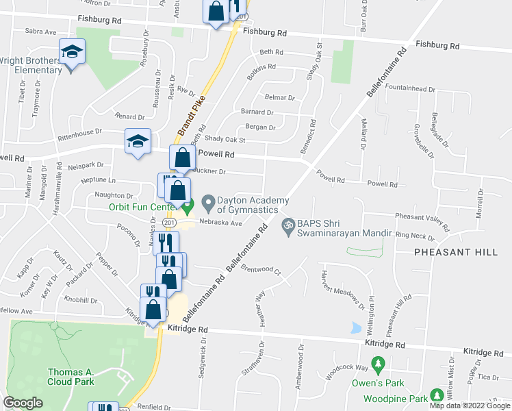 map of restaurants, bars, coffee shops, grocery stores, and more near 5405 Broomall Street in Dayton