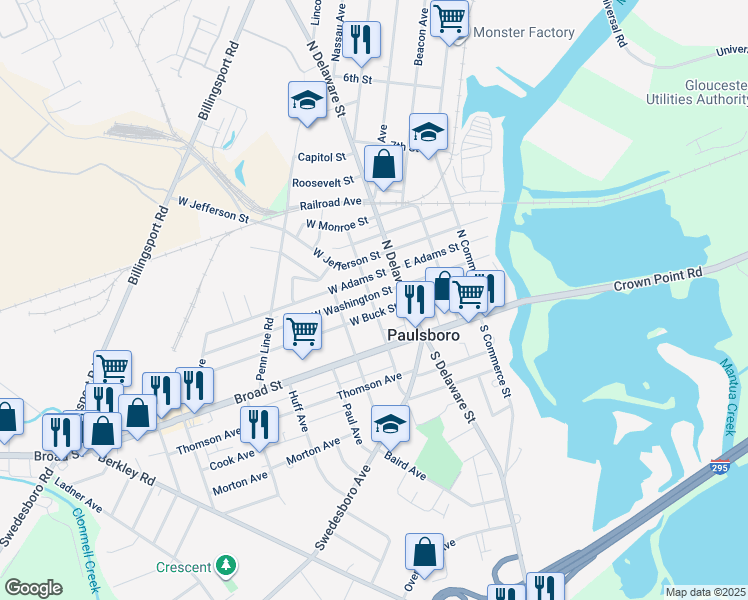 map of restaurants, bars, coffee shops, grocery stores, and more near 34 West Washington Street in Paulsboro