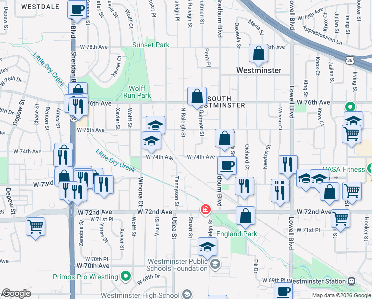 map of restaurants, bars, coffee shops, grocery stores, and more near 7400 Raleigh Street in Westminster