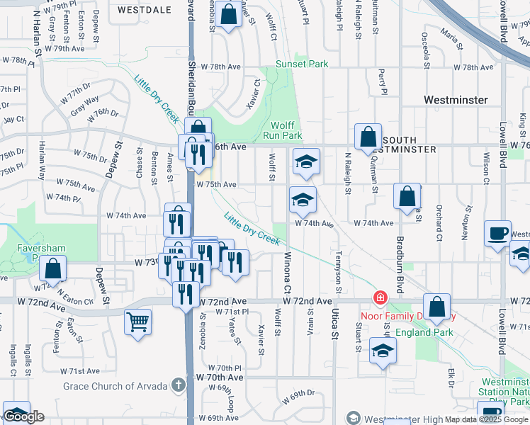 map of restaurants, bars, coffee shops, grocery stores, and more near 7421 Xavier Street in Westminster