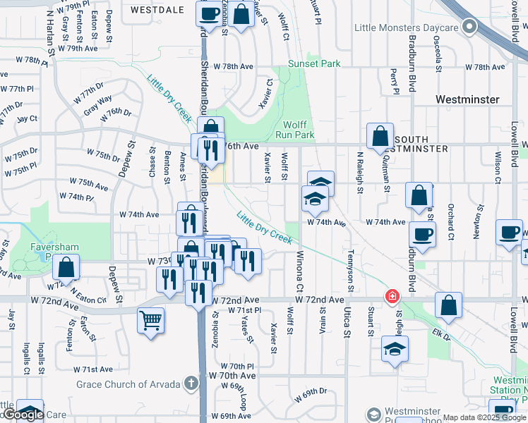 map of restaurants, bars, coffee shops, grocery stores, and more near 7421 Xavier Street in Westminster