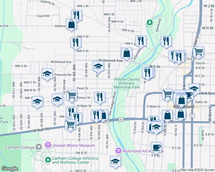 map of restaurants, bars, coffee shops, grocery stores, and more near 205 1/2 Pearl Street in Richmond