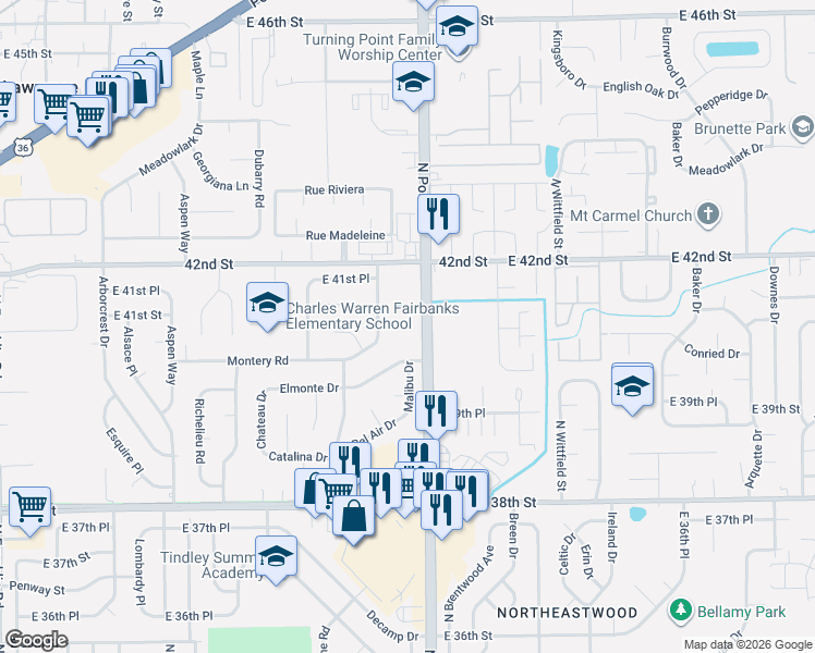 map of restaurants, bars, coffee shops, grocery stores, and more near 4047 Biscayne Road in Indianapolis