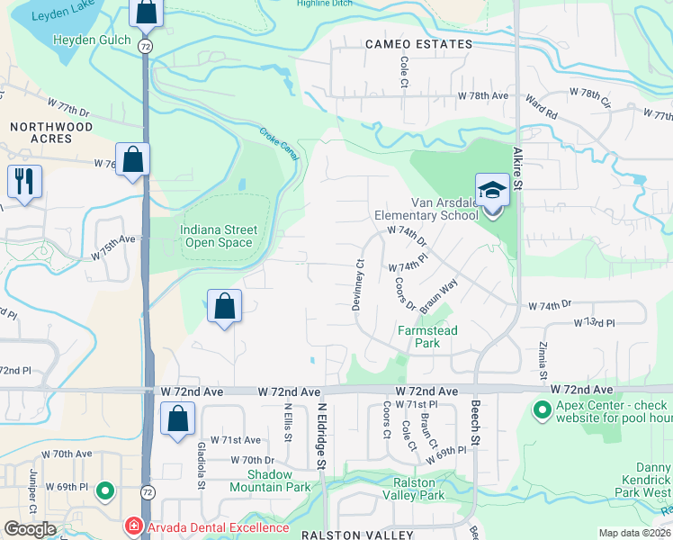 map of restaurants, bars, coffee shops, grocery stores, and more near 13936 West 74th Place in Arvada