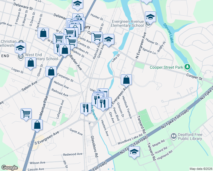 map of restaurants, bars, coffee shops, grocery stores, and more near 301 East Barber Avenue in Woodbury