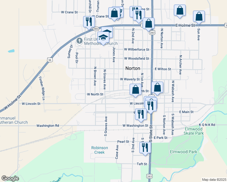 map of restaurants, bars, coffee shops, grocery stores, and more near 301 Jones Avenue in Norton