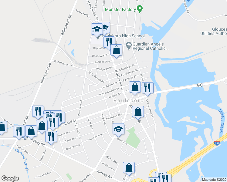 map of restaurants, bars, coffee shops, grocery stores, and more near 34 West Washington Street in Paulsboro