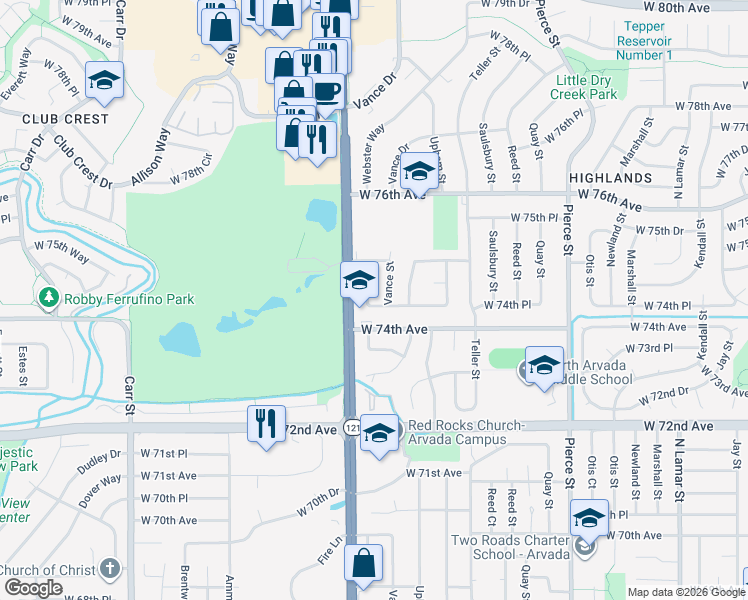 map of restaurants, bars, coffee shops, grocery stores, and more near in Arvada