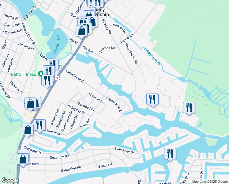 map of restaurants, bars, coffee shops, grocery stores, and more near 146 Marine Plaza in Lacey Township