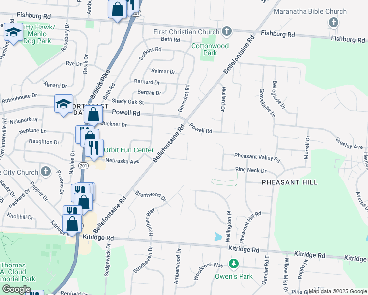 map of restaurants, bars, coffee shops, grocery stores, and more near 5427 Lofino Court in Dayton